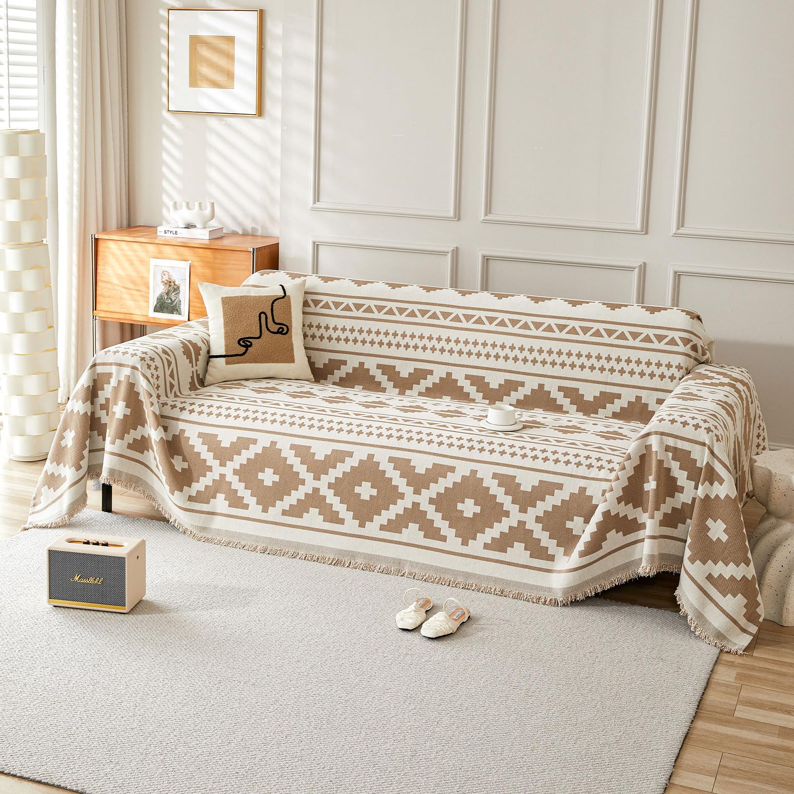 SHANNA Geometric Sofa Cover for 2 3 4 Seater, Chenille AB Sided Slipcover for Corner Sofa, All-Season Protection Couch Cover, Couch Protector Loveseat Futon Cover L Shaped Sofa Cover with Tassel