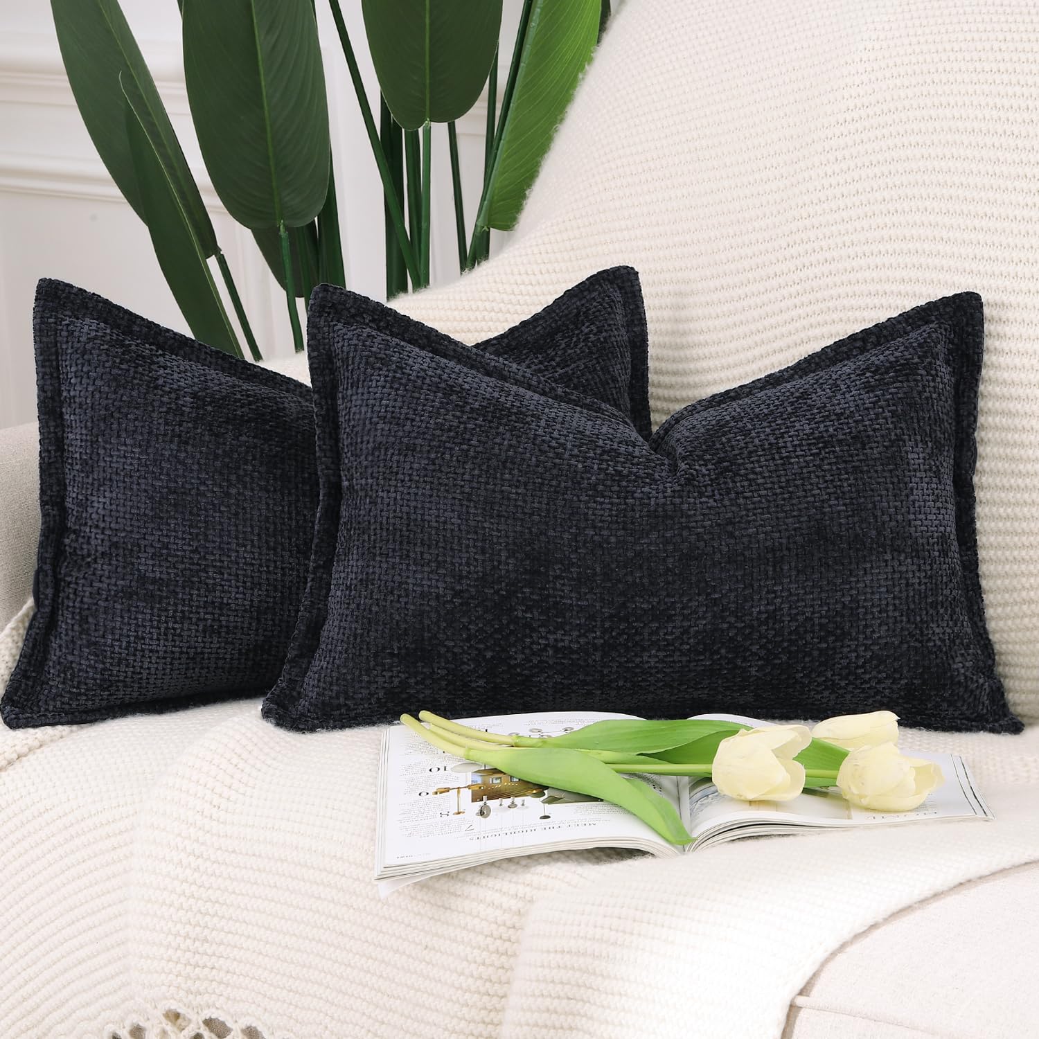 Madizz Set of 2 Chenille Velvet Cushion Covers with Flange Soft Boho Textured Throw Pillow Covers Broadside Pillowcases Modern Farmhouse Home Decor for Sofa Bedroom Black 12x20 inch, 30x50 cm