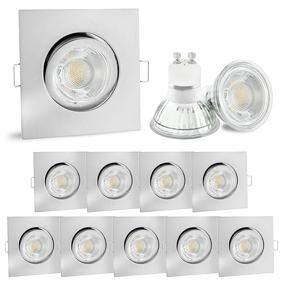 10er Set linovum® LED Einbauspot eckig Edelstahl Optik - schwenkbarer Einbaustrahler 230V inkl. 6W GU10 LED warmweiß & Fassun