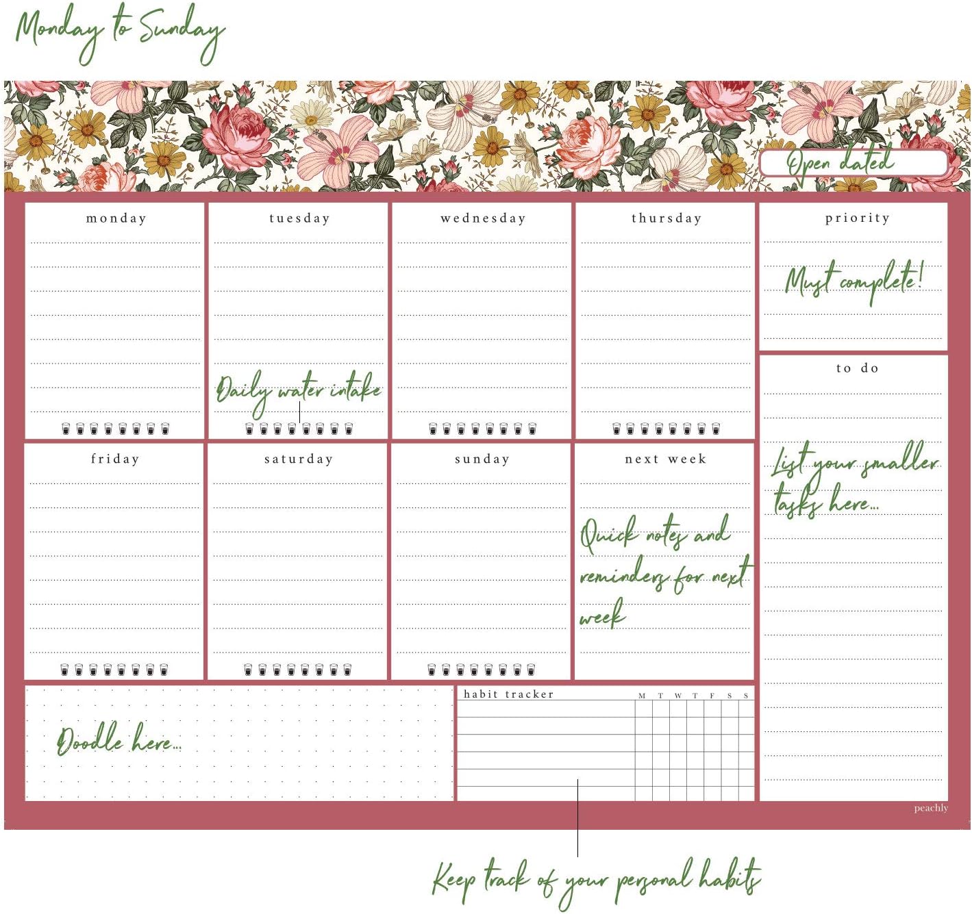 Undated Weekly Desk Planner Pad - 52 Pages Weekly Notepad with To Do List and Habit Tracker, Pink, 8.5 inches X 11 inches - Image 3