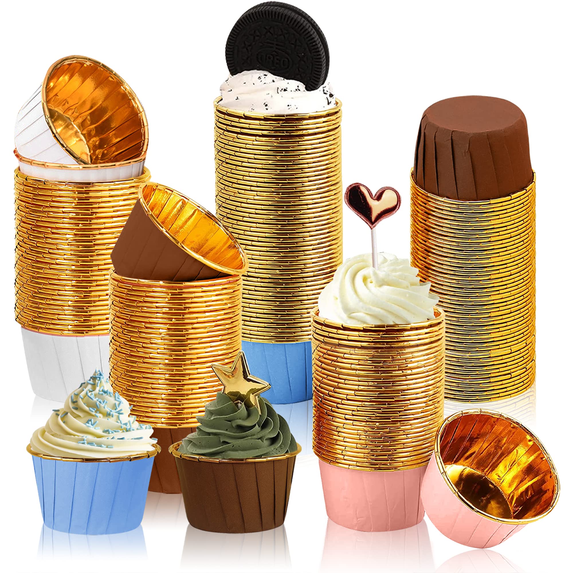 Lighterday 200Pcs Cupcake Cases 4 Colors Mixed Muffin Cases for Baking Greaseproof Foil Baking Cups,Muffin Cases for Weddings Birthdays Party (White/Coffee/Pink/Blue)