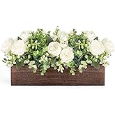 Dahey Centerpiece Table Decorations for Dining Room Farmhouse Living Room Table Centerpieces Decor Wood Tray with 3 Artificial Flowers and 2 Eucalyptus for Kitchen Table, 14.1" x 4.7" x 3.1", White