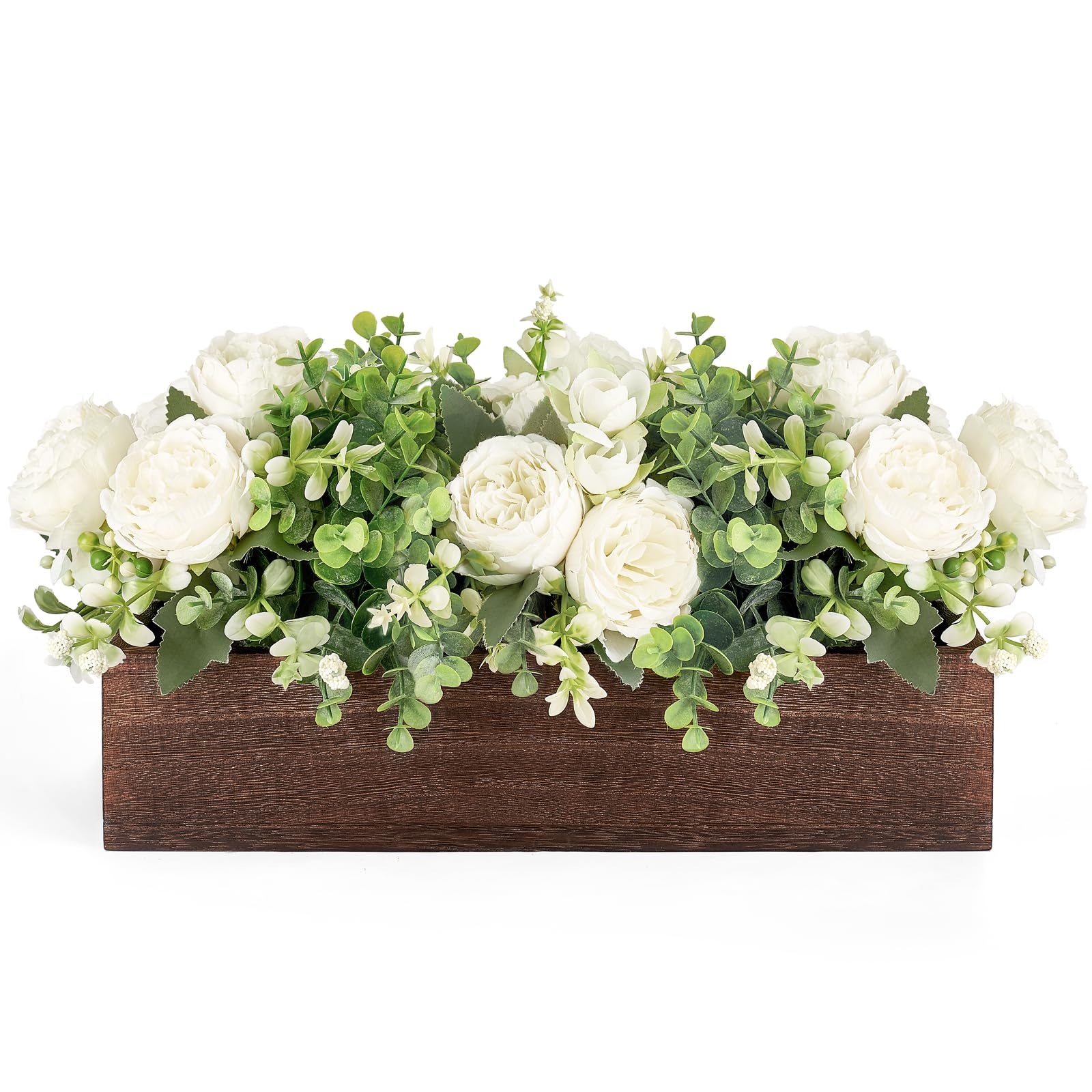 Photo 1 of Dahey Centerpiece Table Decorations for Dining Room Farmhouse Living Room Table Centerpieces Decor Wood Tray with 3 Artificial Flowers and 2 Eucalyptus for Kitchen Table, 14.1" x 4.7" x 3.1", White