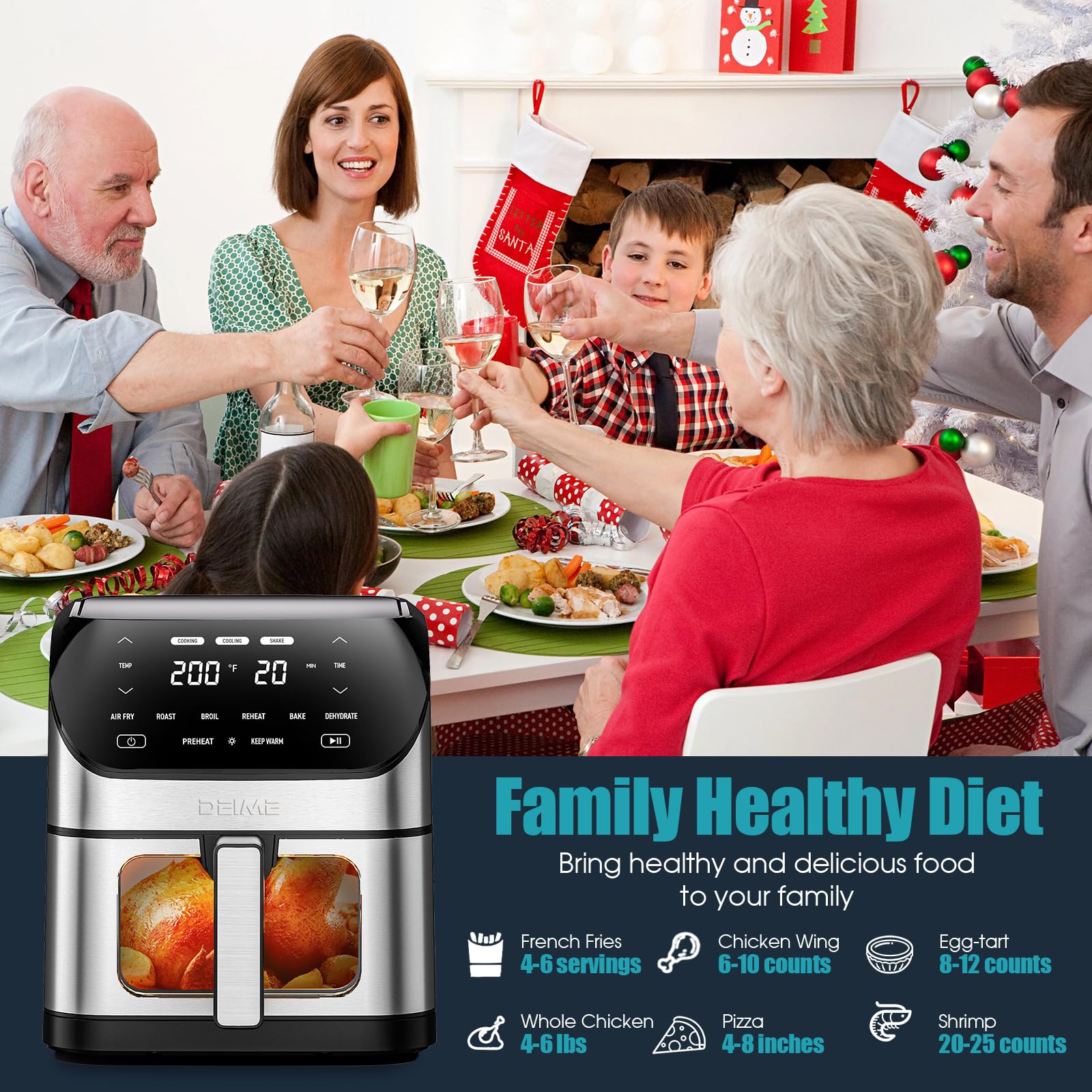 Freidora de aire 6.2 QT de gran capacidad sin aceite freidoras de aire caliente horno 1500 W cocina saludable con 10 preajustes, pantalla táctil LCD digital, ventana de cocción visual, cesta antiadherente, receta incluida (Plata-L)