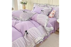 IHOUSTRIY Kid's Duvet Cover Twin Size, Ruffle Beddding Set with Bowtie, 2 Pieces Comforter Cover Set with Zipper Closure, Girl Bedding with Pillowcase - Purple, Twin
