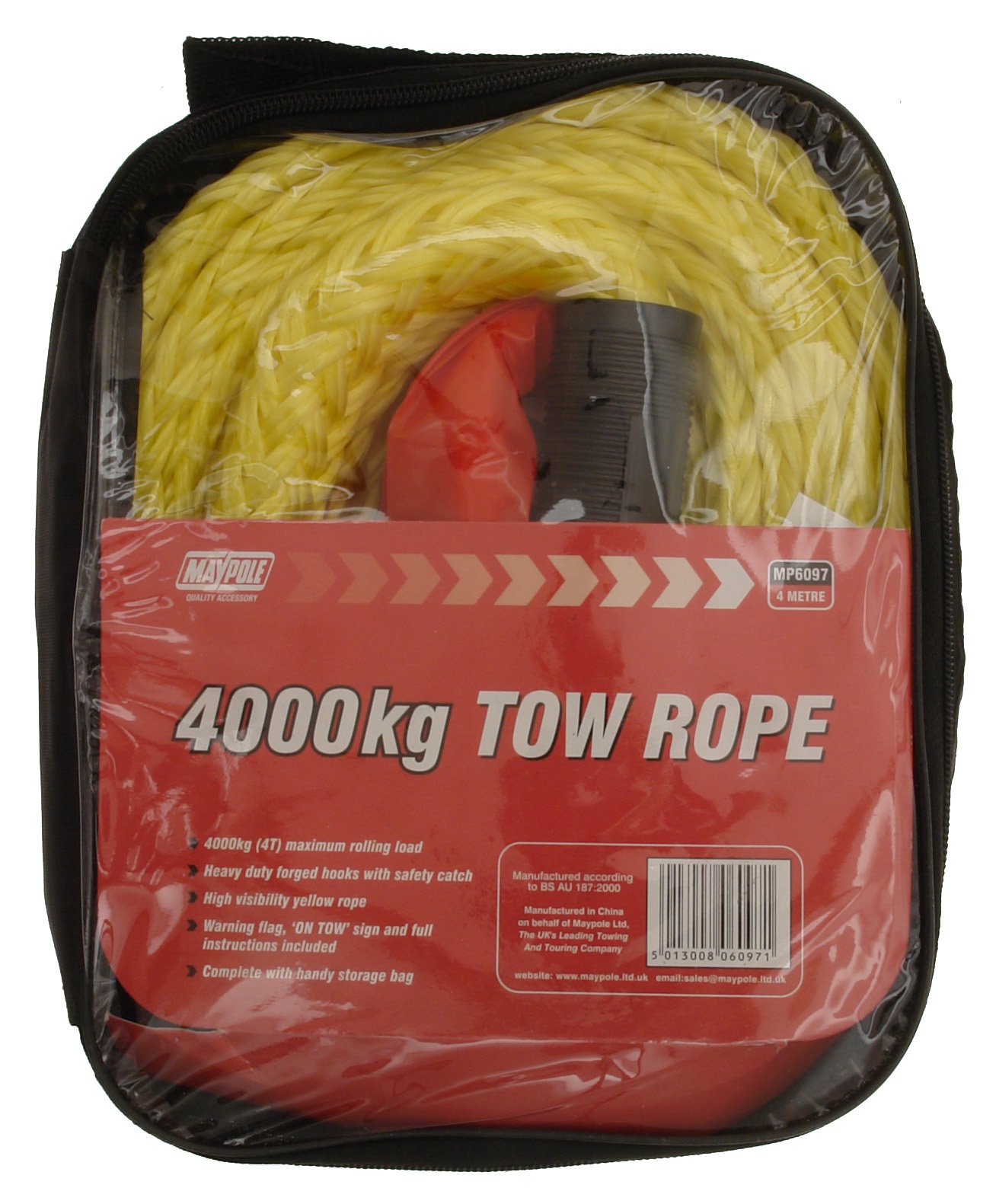 Maypole Heavy Duty 3.5m Tow Rope 4000kgs with Forged Hooks, 'On Tow' Sign, 4 tonnes for Car, 4x4, Van Recovery