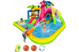 RETRO JUMP Inflatable Water Slide,Flamingo Water Park Bouncy Castle,9 in 1 Waterslides with Climbing Wall,Splash Pool,Toy Market Stand, Bounce Area,Water Cannon,Basketball Rim,Sprinkler and Blower