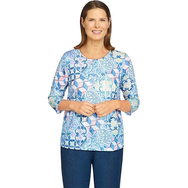 Alfred Dunner Plus Size Comfort Zone Texture Chevron Lace Neck Top - Macy's