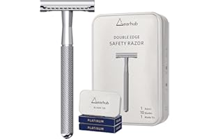 Gearhub Double Edge Safety Razor Stainless Steel Metal Reusable Wet Shaving Razor with 10 Swedish Platinum Blades for Men Women Barber Bikini Armpit Hair, Silver GRB3G