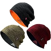 3 Pack Reversible Winter Fleece Lined Beanie Hats for Men Women Warm Windproof Cotton Stretchy Knitted Skull Caps