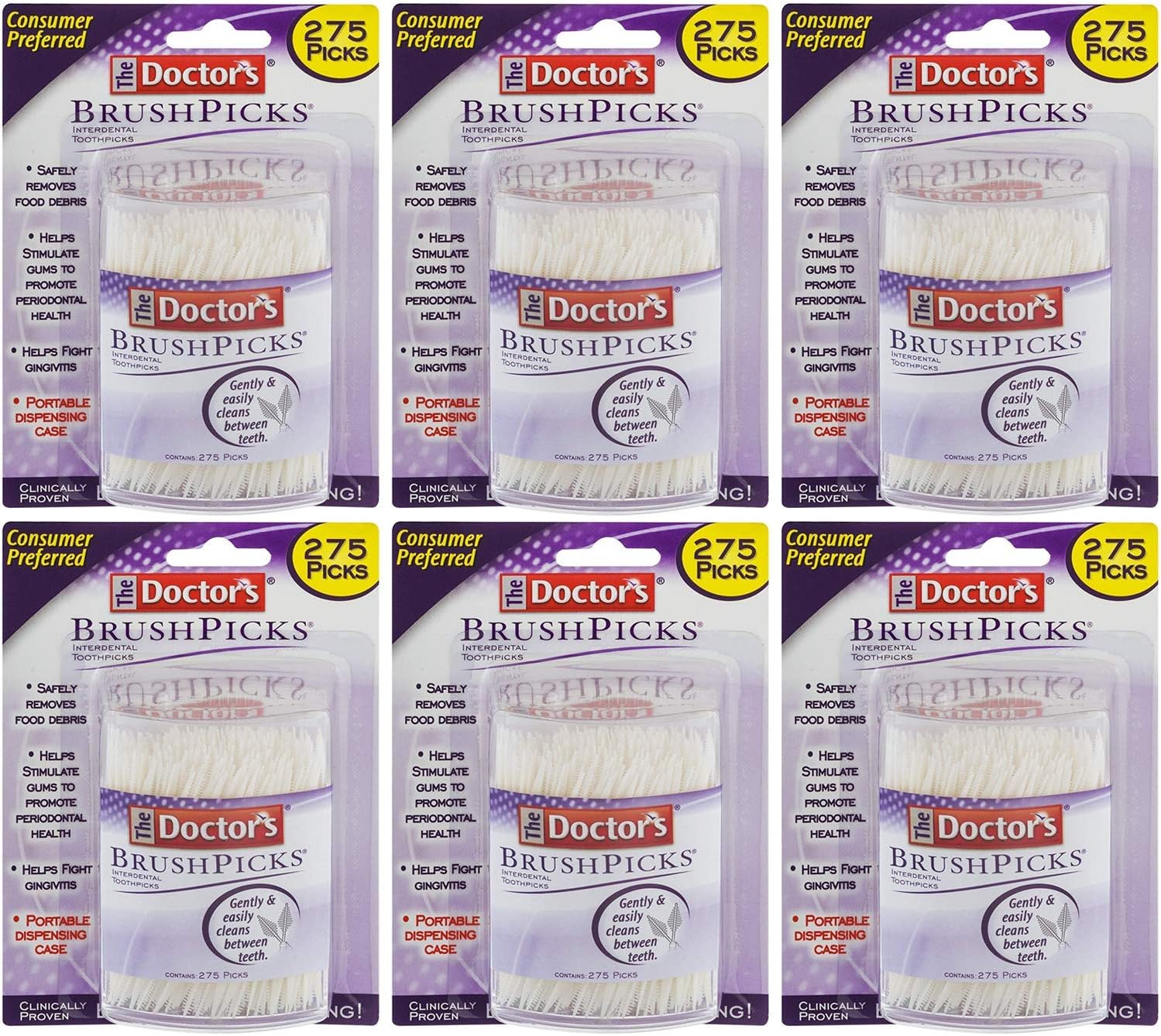 The Doctor's BrushPicks, Interdental Toothpicks, Safely Removes Food Debris, 275 Count (Pack of 6)
