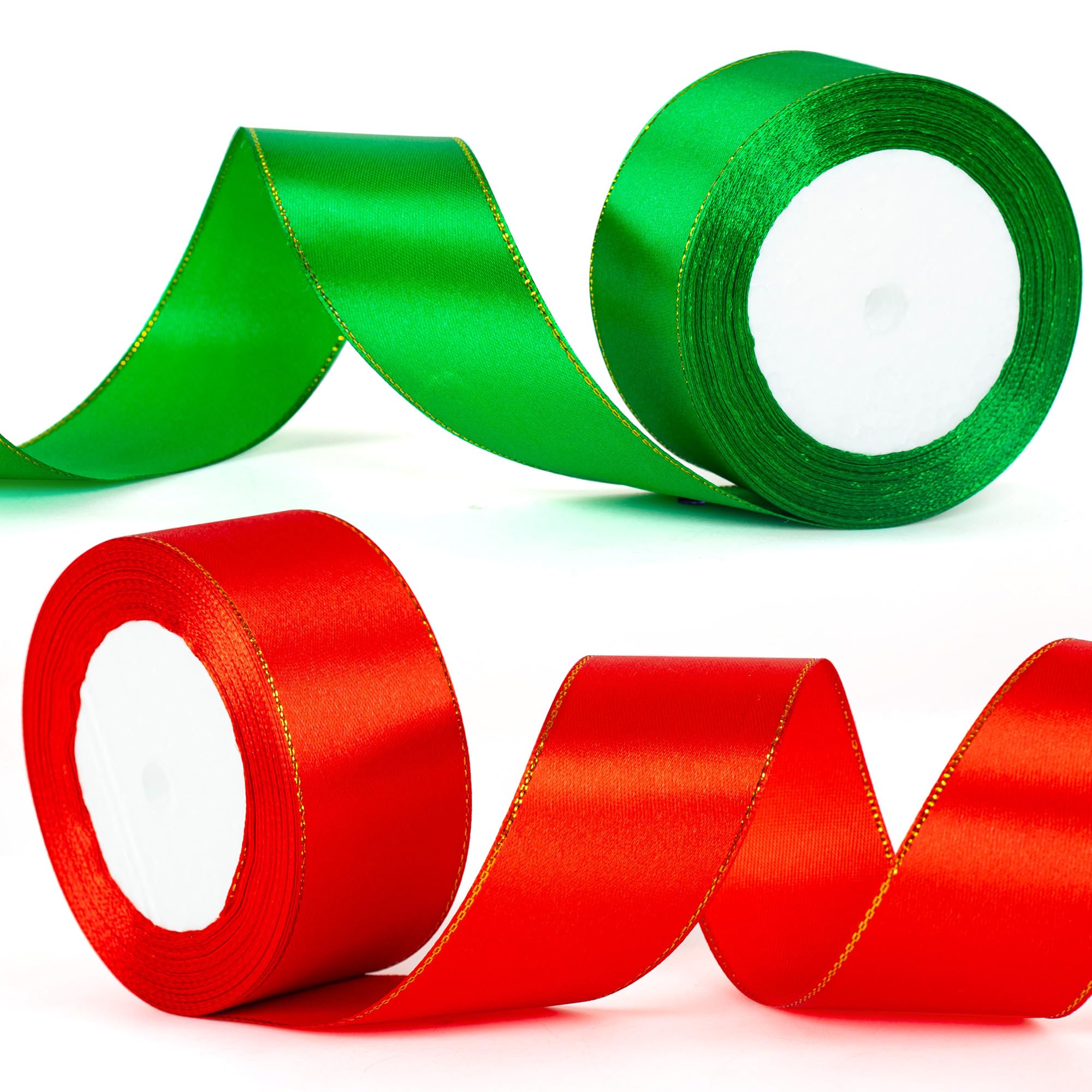 2Rolls 22m x 40mm Wide Red and Green Ribbon Thick Christmas Ribbon for Gift Wrapping, 1.5 inch Red and Green Satin Ribbon for Christmas Cake Present Xmas Present Wrapping Hair Bow Crafts Decoration