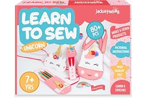 jackinthebox Learn to Sew | Unicorn Theme Kids Sewing kit with 6 Sewing Crafts | Sewing kit for Kids Ages 6 7 8 9 10 | Premium Quality Felt | Has pre-Punched Holes & Easy-to-Follow Instructions