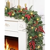 Christmas Garland with Lights, 6 FT Christmas Garland for Mantle, Faux Norfolk Pine Garland with Lifelike Pinecones Berries for Mantle Table Indoor Outdoor Stairs Railing Christmas Decor