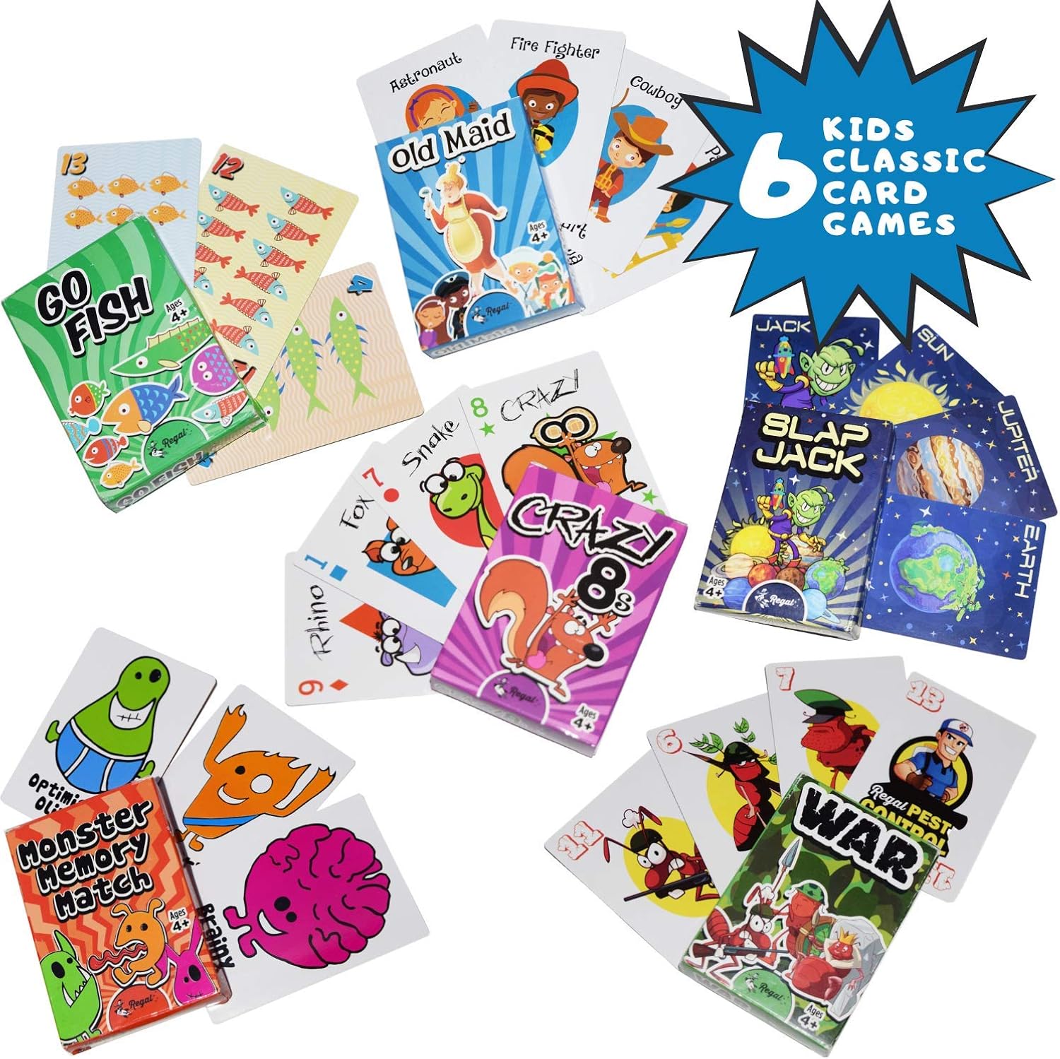 Regal Games Classic Card Games - Games Included May Vary - Includes Old Maid, Go Fish, Slapjack, Crazy 8's, War, and (Silly Monster Memory Match or Banapples Jr) (All 6 Games): Clothing