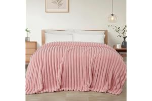 Exclusivo Mezcla King Size Flannel Fleece Blanket, Super Soft Striped Jacquard Bed Blanket, Lightweight Fuzzy Cozy for All Seasons, 90x104 Inches, Pink