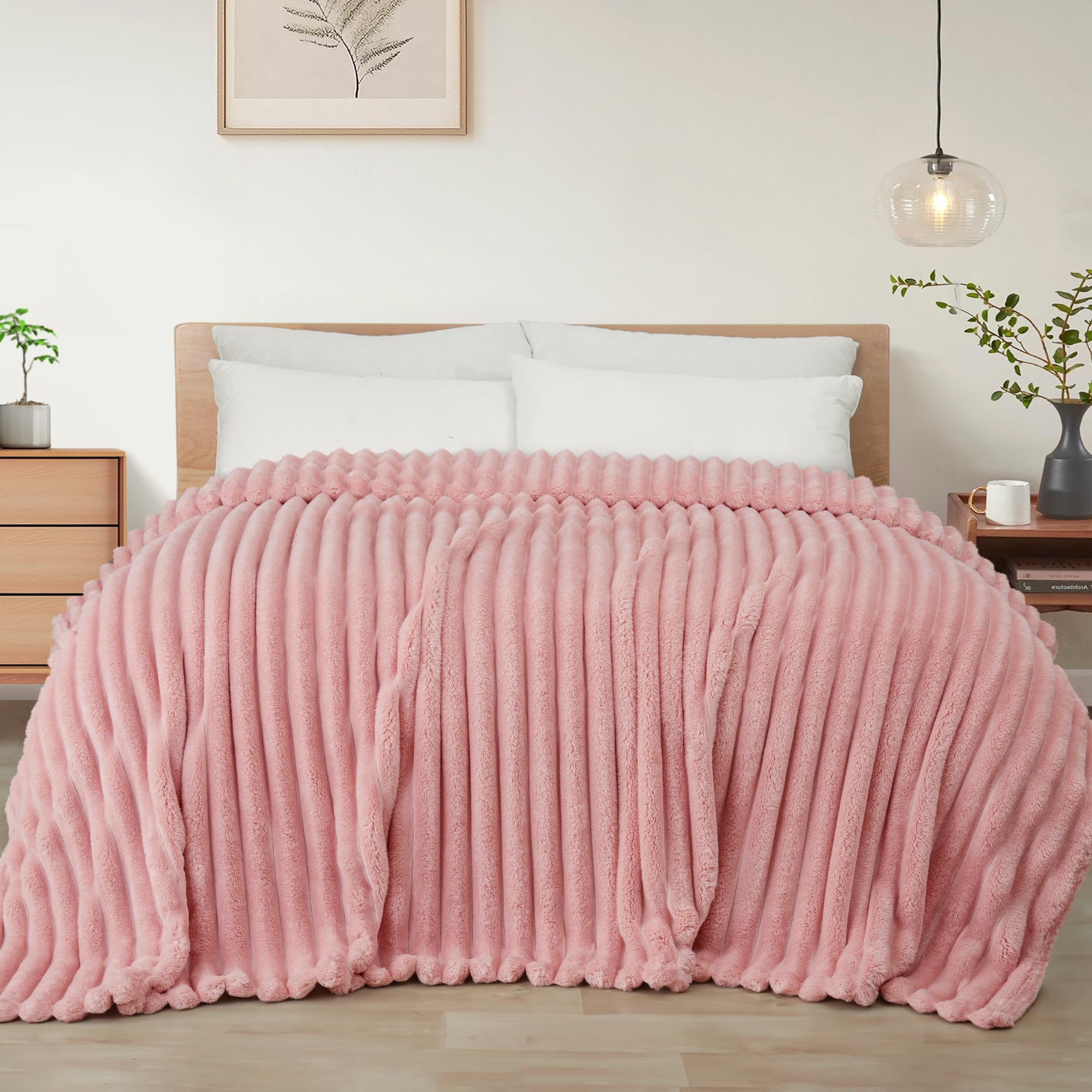 Exclusivo Mezcla Double Size Flannel Fleece Blanket, Super Soft Striped Jacquard Bed Blanket, Lightweight Fuzzy Cozy for All Seasons, 150x200 CM, Pink