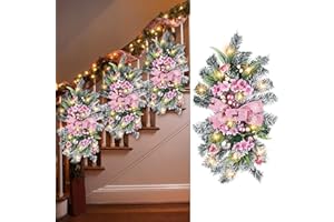 Lyrow 4 Pcs Cordless Prelit Christmas Artificial Swags 24" Xmas Stairway Swag Teardrop Trim with Timer Christmas Staircase Decoration Battery Operated Garland for Indoor Outdoor Railing Decor, Pink