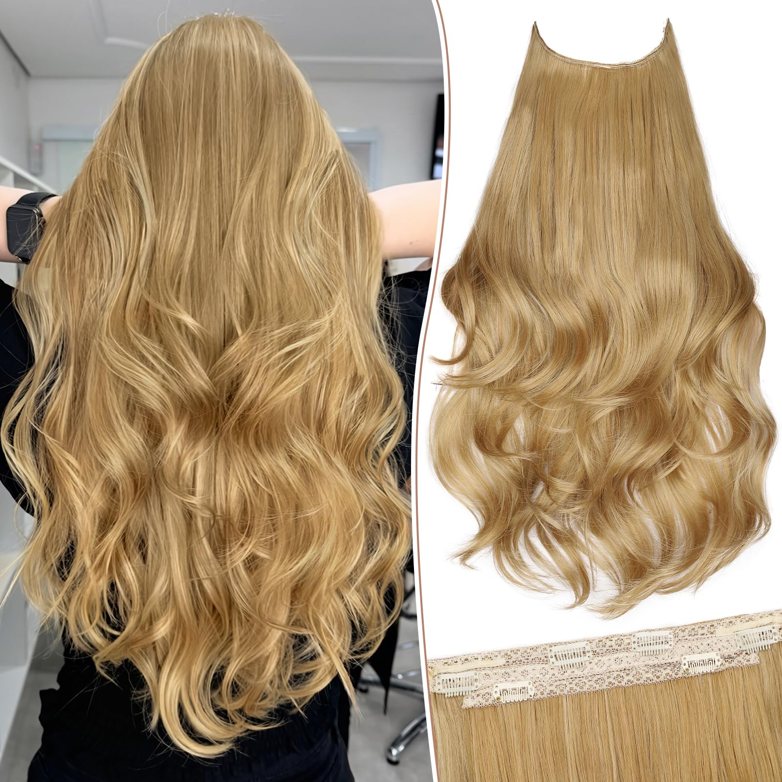 Photo 1 of KooKaStyle Invisible Wire Hair Extensions Long Wavy Layered Synthetic Hair Extensions with Transparent Wire Adjustable Size 6 Secure Clips Honey Blonde Hairpieces for Women 20 Inch