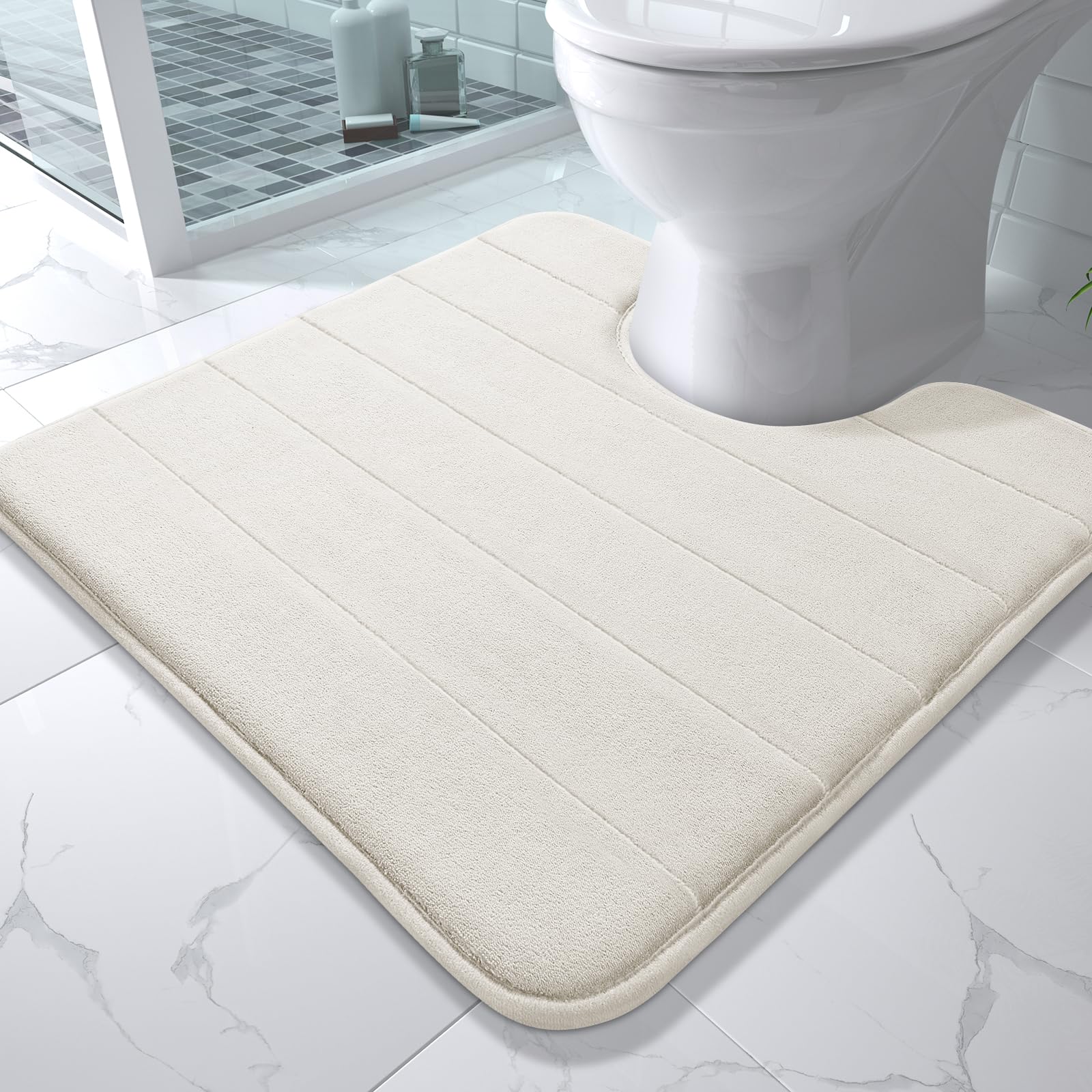 Photo 1 of Yimobra Memory Foam Toilet Bath Mat U-Shaped, Soft and Comfortable, Super Water Absorption, Non-Slip, Thick, Machine Wash and Easier to Dry for Bathroom Commode Contour Rug, 24 X 24 Inches, Cream