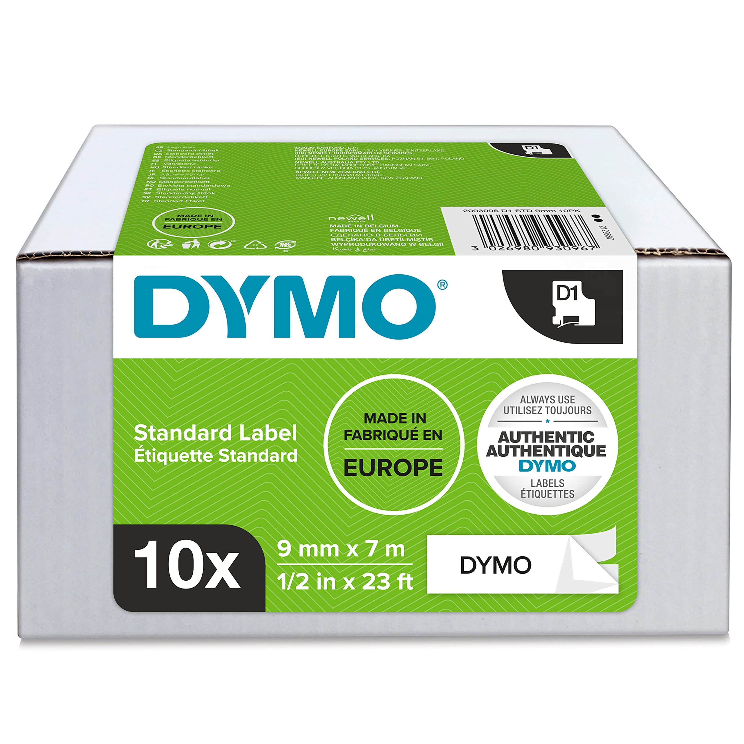 DYMO Authentic D1 Labels | 9mm x 7m Roll | Black Print on White | Self-Adhesive Labels for LabelManager Label Printers | 10 Count