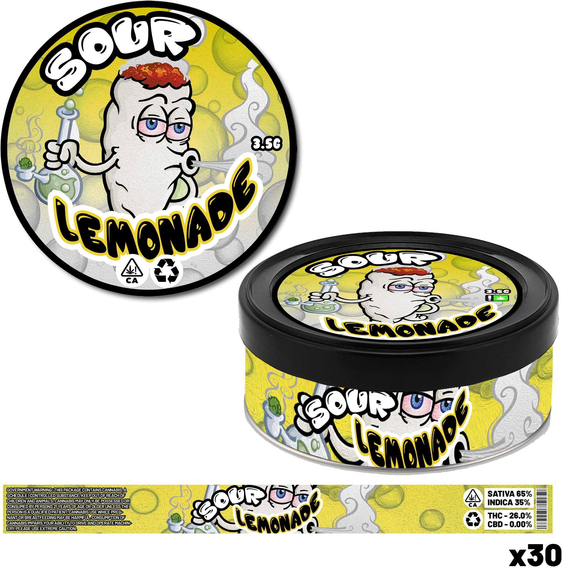 Green Buddha 30x Sour Lemonade Cali Original Pressitin Stardawg Ring Pull Tin + Lid & Premium Laser Printed Rx Labels Stickers ONLY (Tear/Water Proof) - Fits 3.5 grams / 100ml - Stickers ONLY