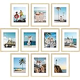 decorUhome 11x14 Picture Frame Set of 10, Display Photos 8x10 with Mat or 11x14 Unmatted for Picture Frames Collage Wall Decor, Natural