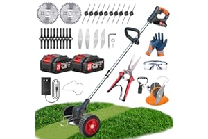 XABCHUI Electric Weed Wacker Eater Battery Powered, 21V/2Ah Cordless Weed Trimmer with 5Types Blades & 2 Battery & Charger &Wheels, Lightweight Stringless Grass Trimmer/Brush Cutter/Mini-Mower for Yard Garden