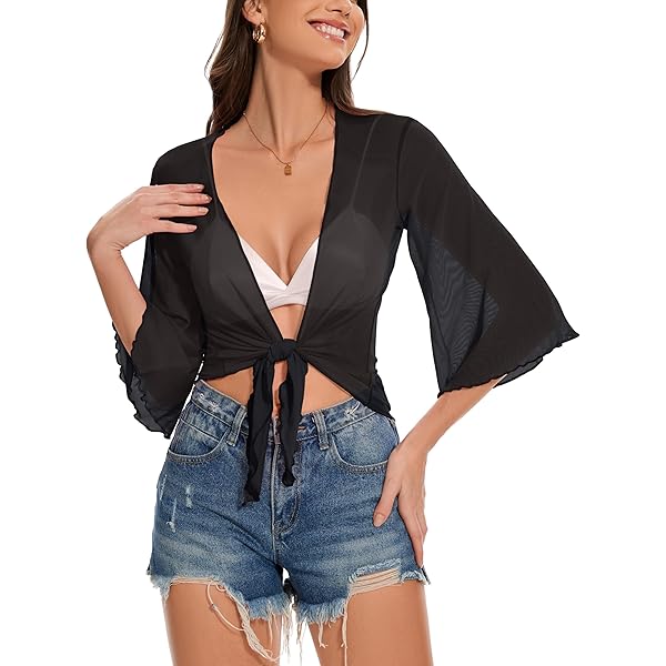 Bolero Tie UK Women's Chiffon Open Front 3/4 Sleeve Sheer Shrug