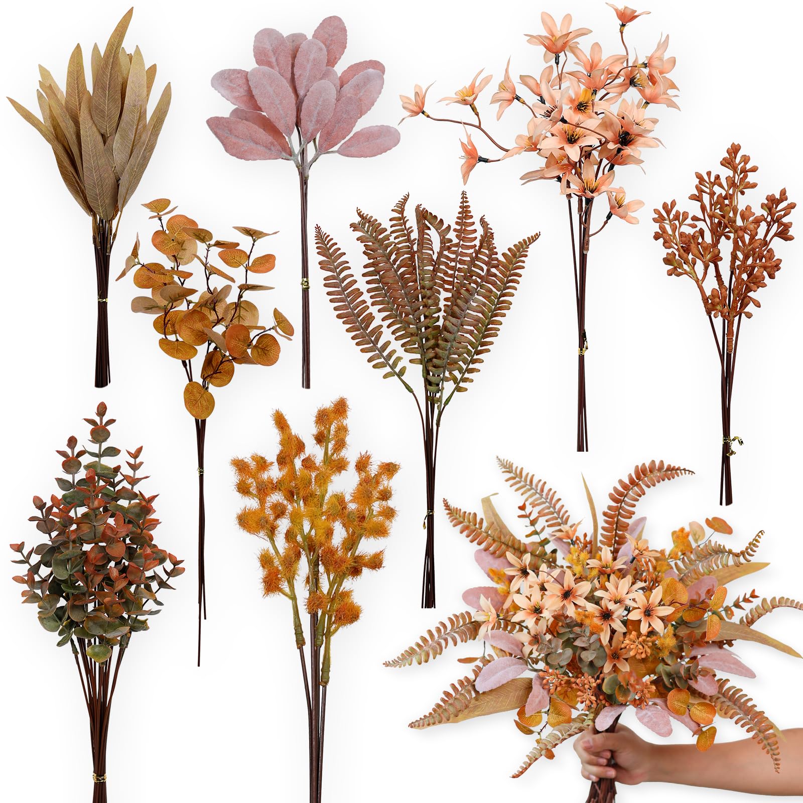Photo 1 of FOTEEWL 75 Pcs Artificial Greenery Stems Box Set,with 8 Kinds of Faux Plants and Fake Flowers for DIY Bridal Bouquets Wedding Floral Arrangement Table Centerpieces Fall Decoration (Orange)