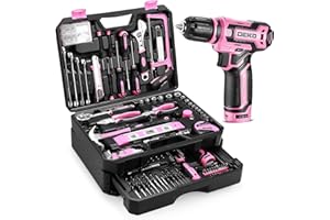 Pink Tool Kit Box Drill Set：DEKOPRO Home Mechanic Toolbox with 12V Power Cordless Drill Hand Repair Tools Sets Combo Kits Sto