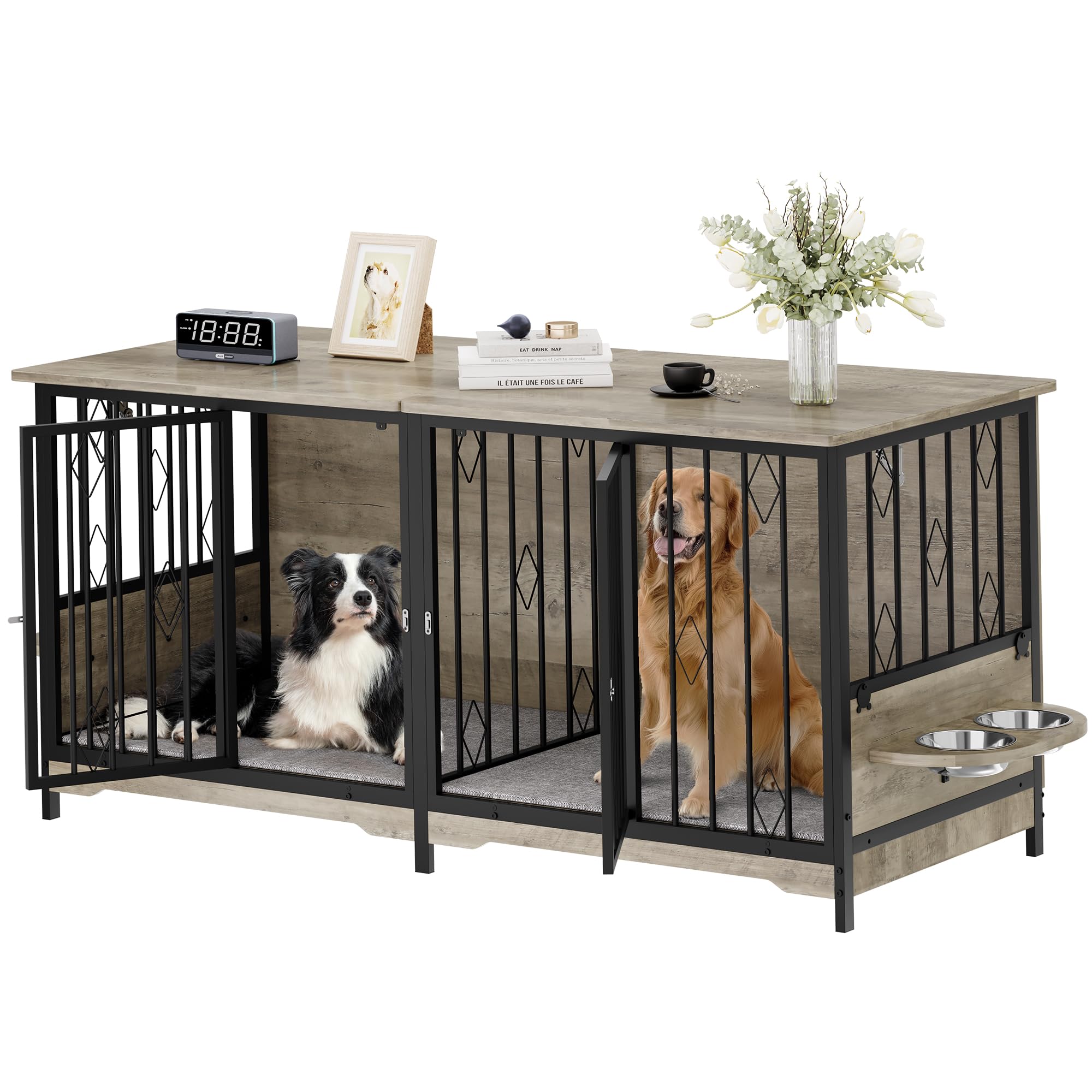 Photo 1 of YITAHOME 71" Double Dog Crate Furniture with Divider, Wooden Large Dog Kennel with Flip-Top&4 Rotatable Bowls&2 Cushions, Dog Crate Furniture TV Stand for Medium Large Dogs, Grey