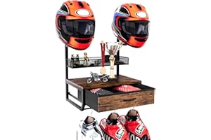 TQVAI Helmet Holder Wall Mount, Hold up to 2 Helmets, Motorcycle Helmets Rack with Drawer and Mesh Basket for Motorcycle Accessories, Hanging Protective Gear Shelf for Backpack Boots