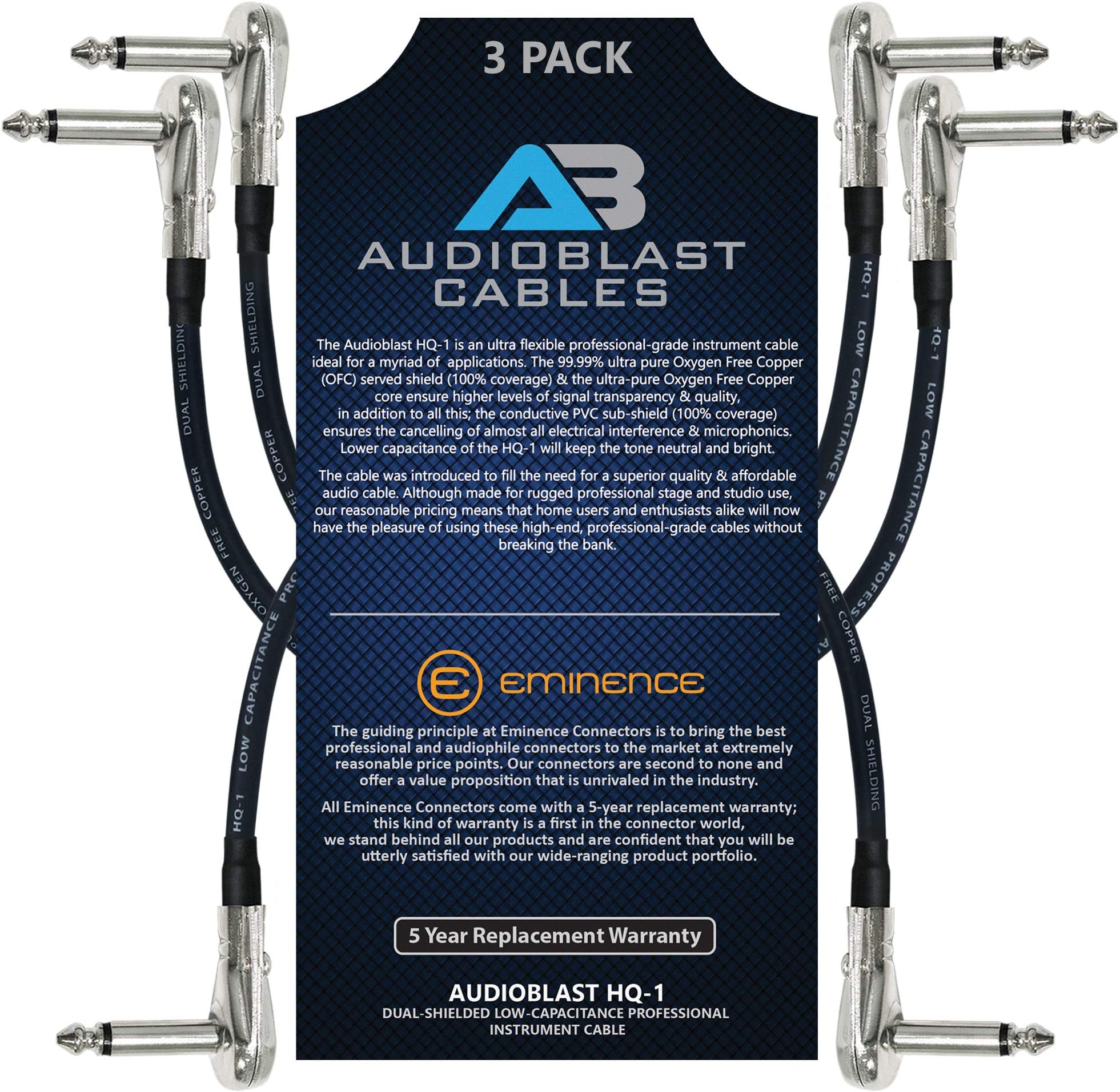 3 Units - 9 Inch - Audioblast HQ-1- BRAID (Black) - Flexible - Dual Shielded (100%) - Instrument Effects Pedal Patch Cable w/ ¼ inch (6.35mm) Low-Profile, R/A Pancake TS Plugs & Protective Boots