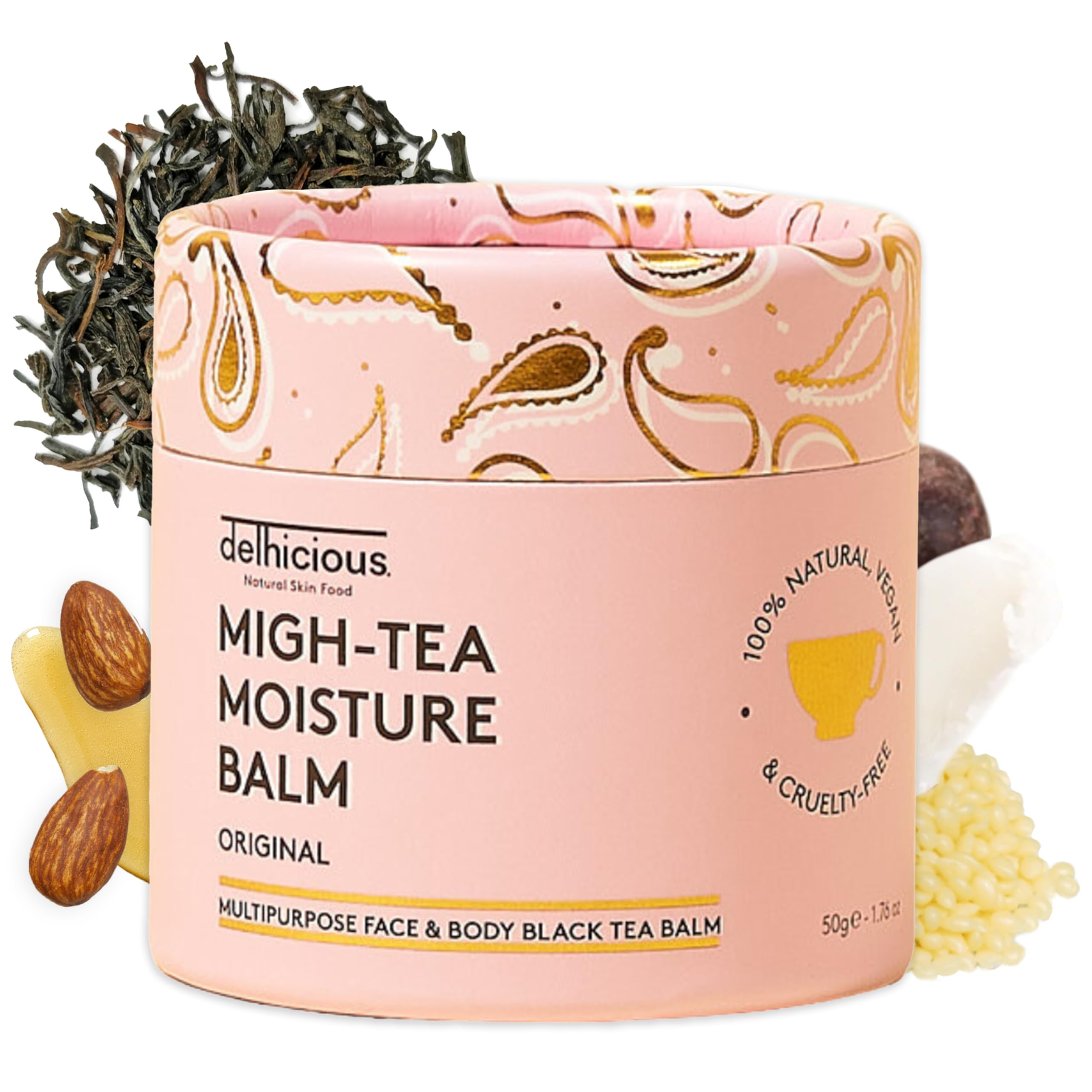 Delhicious Migh-Tea Moisture Face & Body Balm for Very Dry Skin - Eczema Relief, Psoriasis Treatment - Nourishing Shea Butter Moisturiser - Natural, Vegan, Ayurveda Body Butter with Almond Oil - 50g