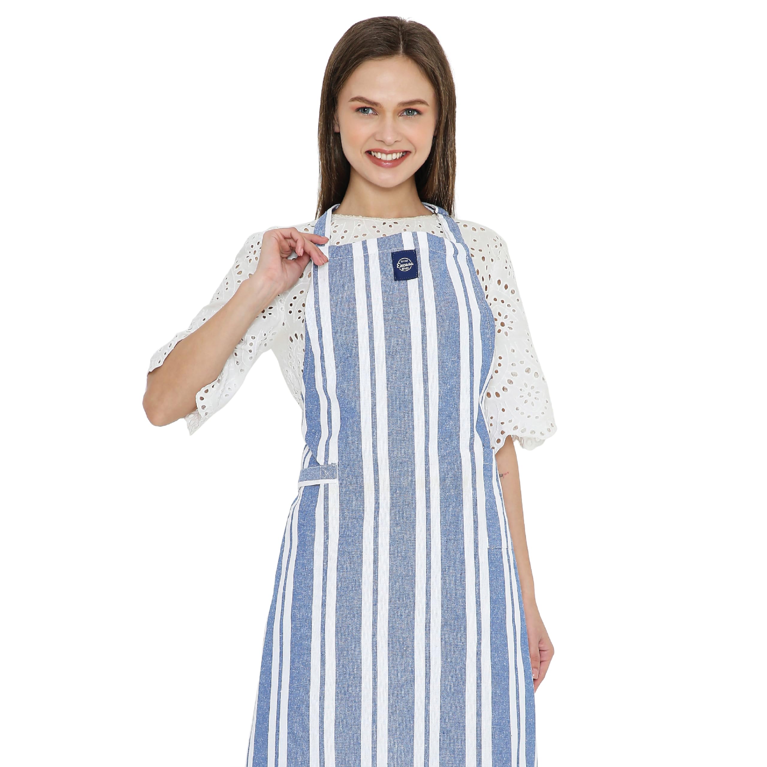 Encasa XO Adjustable Kitchen Cotton Apron With Pockets & Towel Holder Of Size 68x85 cm (Franca Blue Stripes) for Men & Women Chefs For Cooking & Baking in Home, Restaurants & Barbeque