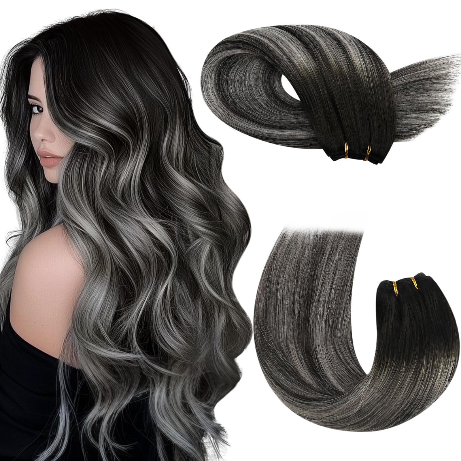Moresoo Weft Human Hair Extensions Remy Hair Balayage Black and Silver Sew in Hair Extensions Real Human Hair 22 Inch 100g/pack #1B/Silver/1B — image 1