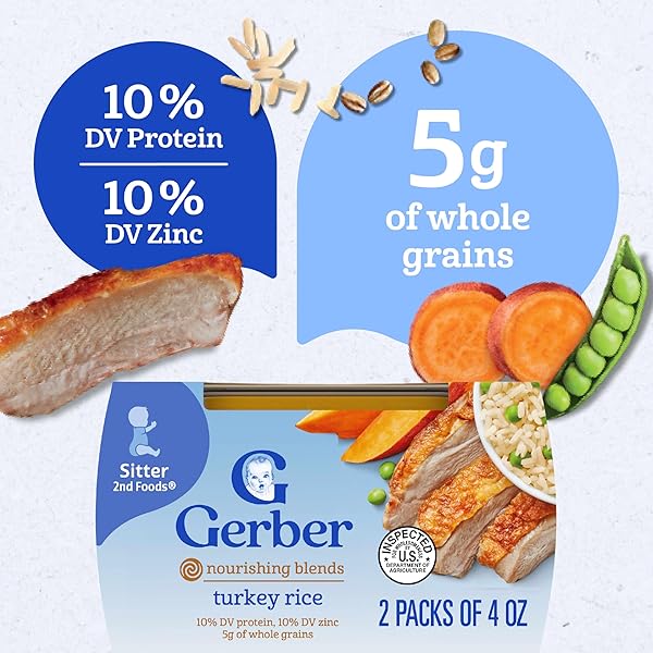 GERBER TURKEY & RICE PUREE BABY FOOD, 4 OZ TUBS, 2 CT