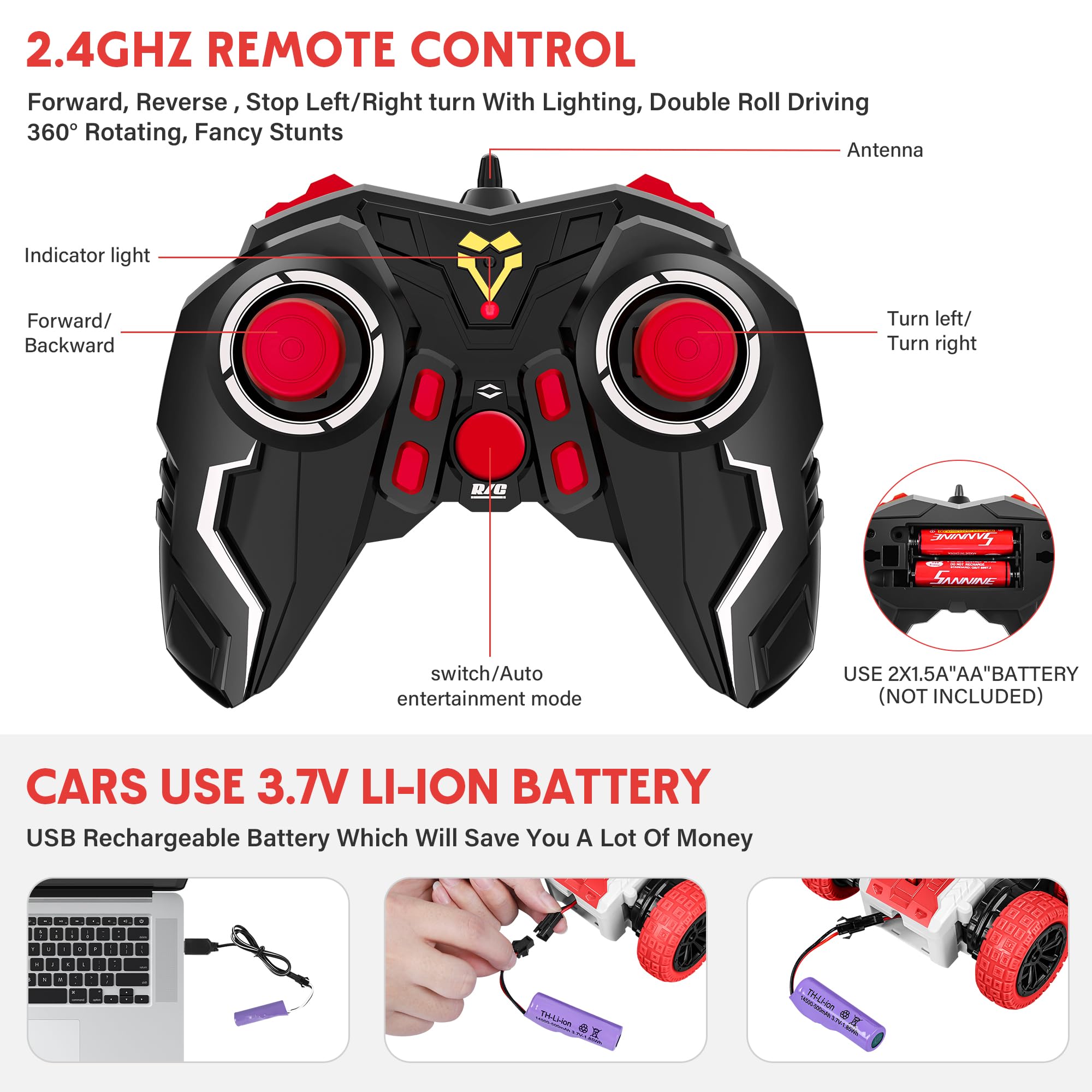 Double Sided RC Car, 4WD Off-Road Stunt Car with 360 Flips, 2.4Ghz Indoor/Outdoor All Terrain Rechargeable Electric Toy Car for Kids 3+