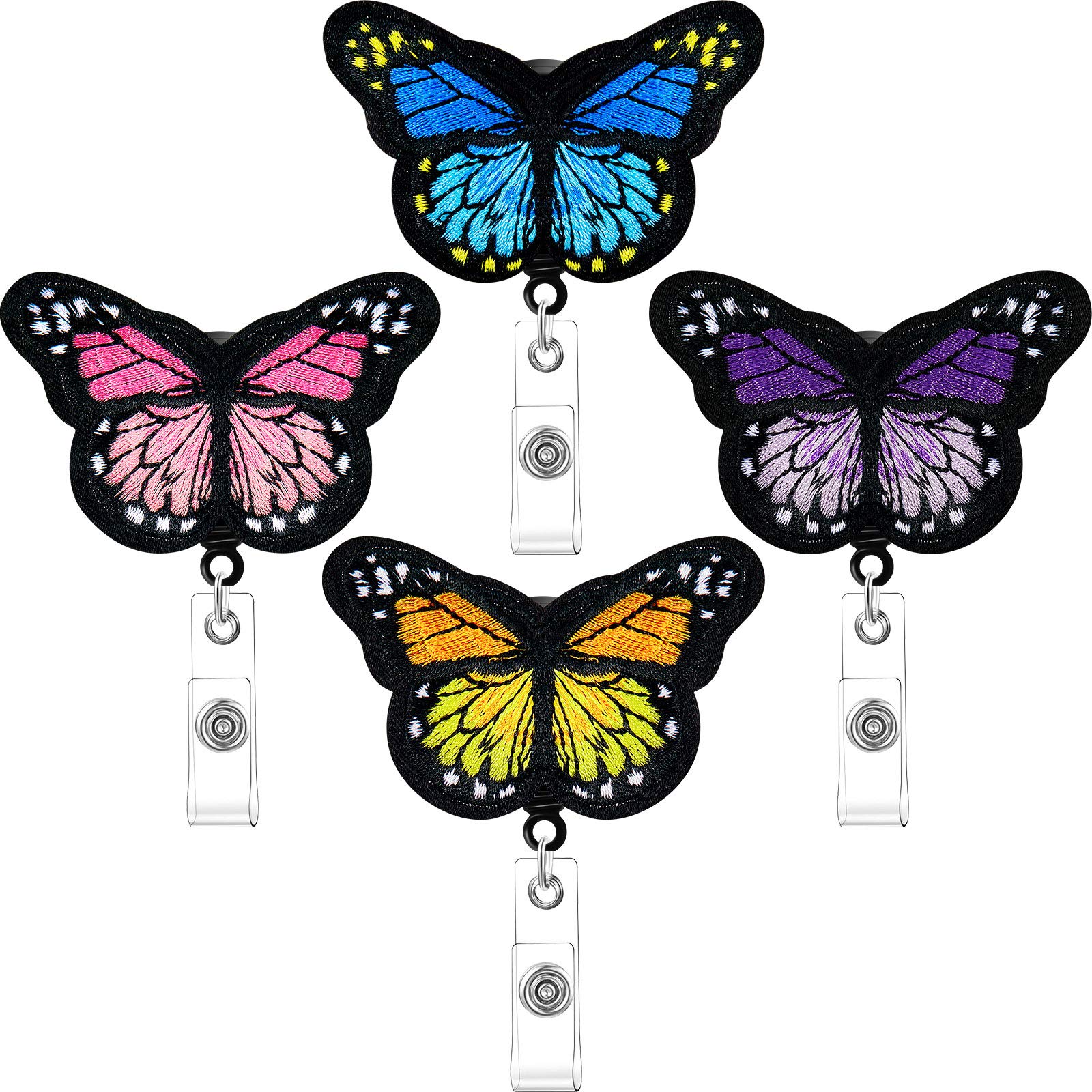 4 Pieces Butterfly Badge Reels Retractable Nurse Badge Holder Cute Butterfly ID Badge Reel with Alligator Clips for Nurses, Volunteers, Students, Teachers (Pink, Yellow, Cyan, Purple)