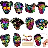 Yinder 60 Pcs Day of The Dead Scratch Masks Gifts Halloween Skull Mask Craft Kit DIY Craft Scratch Party Favor with Ribbon and Wooden Stylus for Dia De Los Muertos Halloween Skull Party Favors