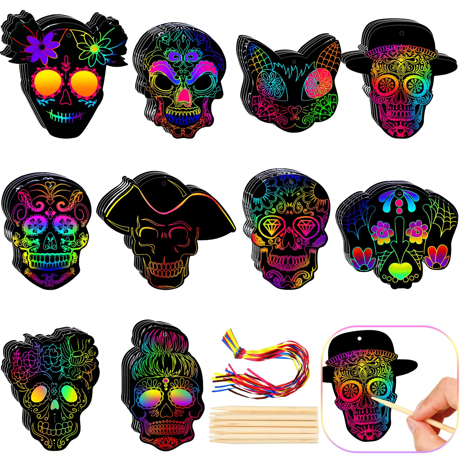 Photo 1 of Yinder 60 Pcs Day of The Dead Scratch Masks Gifts Halloween Skull Mask Craft Kit DIY Craft Scratch Party Favor with Ribbon and Wooden Stylus for Dia De Los Muertos Halloween Skull Party Favors