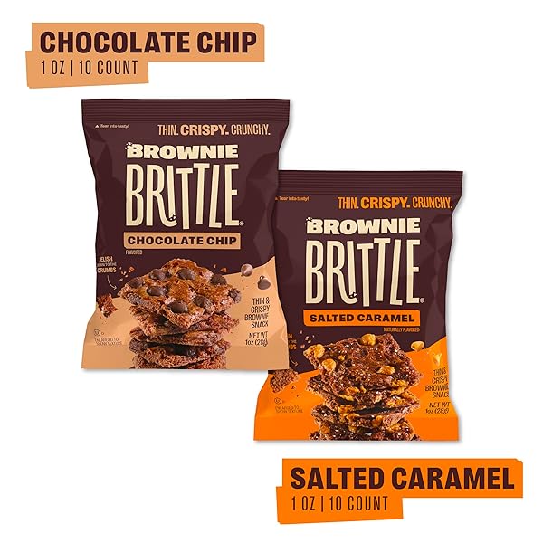 BROWNIE BRITTLE – CHOCOLATE CHIP & SALTED CARAMEL THIN AND CRISPY SWEET SNACKS (PACK OF 20, 1 OZ), RICH GOURMET BROWNIE BITES DESSERT