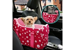 Cullaby Center Console Dog Car Seat for Small Dogs Under 15 lbs - Detachable Washable Carrier with Safety Belt & Storage Pockets, Pink