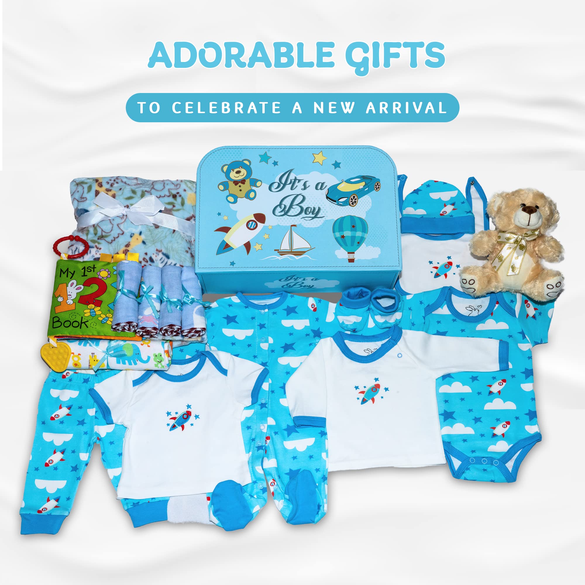 Welcome to The World Baby Boy Suitcase, Baby Layette Set and New Baby Essentials in A Durable Keepsake Suitcase Box, Blue, Large Baby Boy Gift Set - Nikki’s Gift Baskets