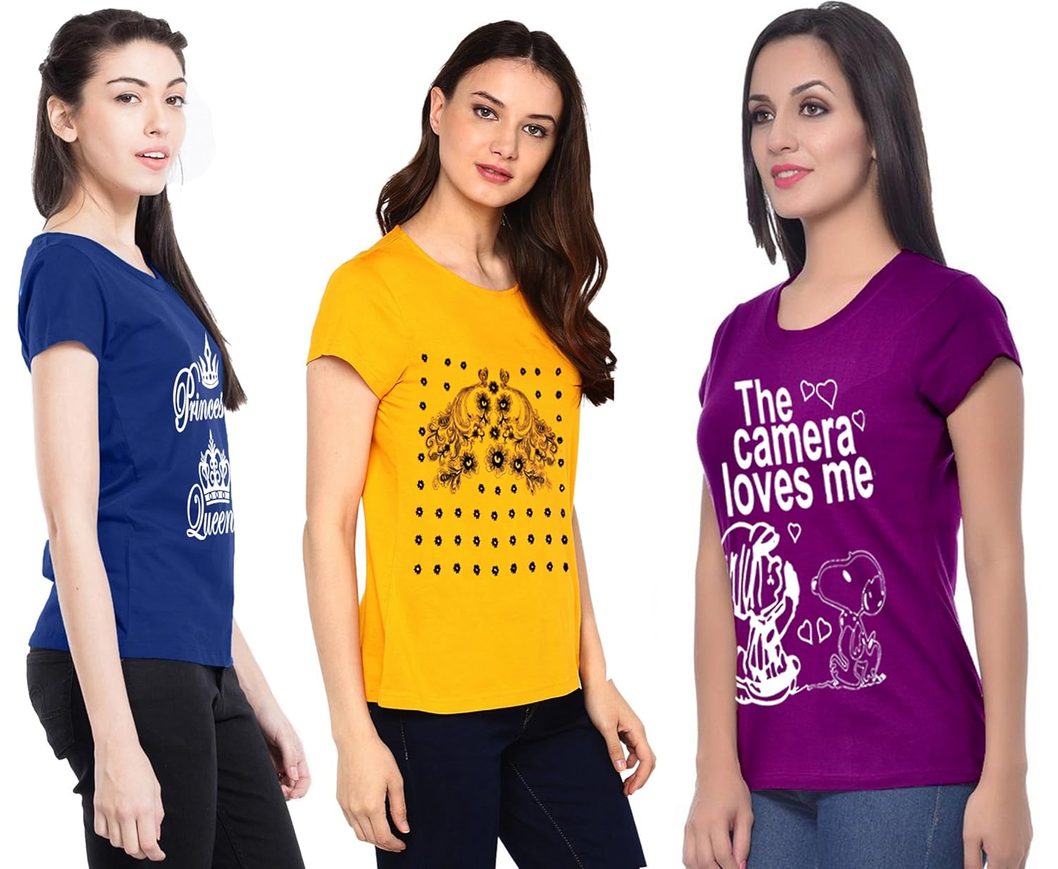 modish women's round neck cap sleeve printed cotton t-shirts combo of 3 t-shirts