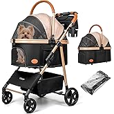 Dog Cat Stroller for Small/Medium Pets up to 50 lbs, 3-in-1 Foldable Pet Stroller with Detachable Carrier, Car Seat, Storage Basket, Cup Holder, Hanging Bag, Rain Cover, All-Terrain 4 Wheels (Khaki)