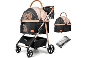 GISARYC Dog Cat Stroller for Small/Medium Pets up to 50 lbs, 3-in-1 Foldable Pet Stroller with Detachable Carrier, Car Seat, Storage Basket, Cup Holder, Hanging Bag, Rain Cover, All-Terrain 4 Wheels (Khaki)