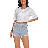 Women's Crop Top Baseball Jersey Button Down V-Neck Short Sleeve T-Shirt Girls Cute Summer Tops Softball Shirt