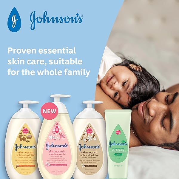 JOHNSON’S SKIN NOURISH MOISTURIZING BABY LOTION FOR DRY SKIN WITH SHEA & COCOA BUTTER SCENTS, GENTLE & LIGHTWEIGHT BODY LOTION FOR THE WHOLE FAMILY, HYPOALLERGENIC, DYE-FREE, 16.9 FL. OZ